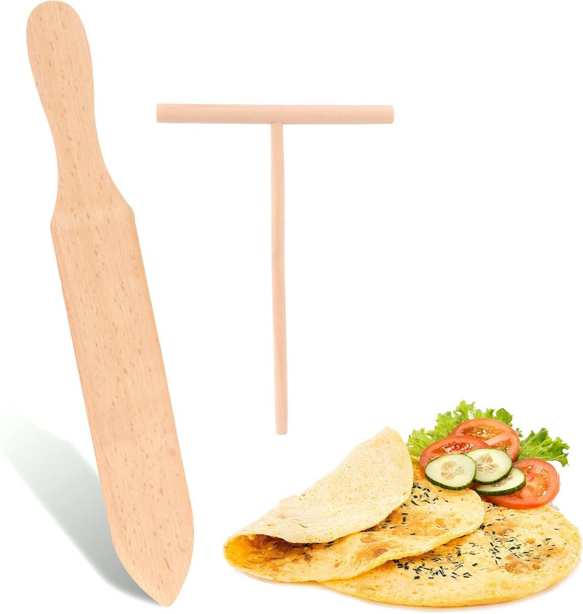 Pannenkoekenset - Crêpe Gereedschap - Maak Perfecte Pannenkoeken - Natuurlijk Bamboe Materiaal - 2 Delig - Beige