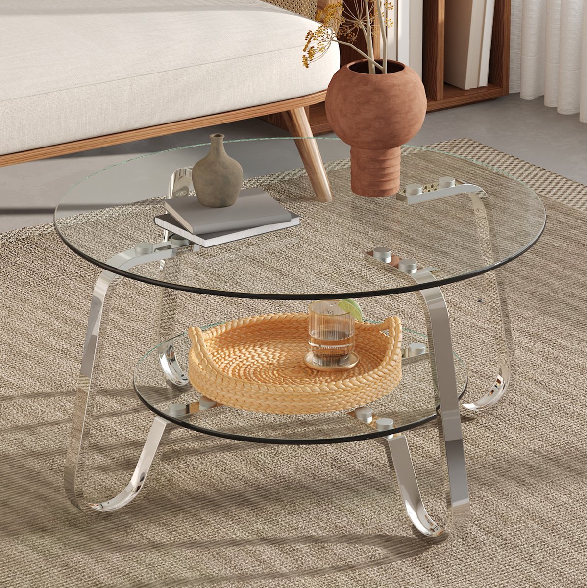 MIVRAY Salontafel - Rond Met Dubbel Glasplateau - Ruimtelijk Design Voor Woonkamer En Appartement - Metaal En Glas - 80x80x45 Cm - Zilver