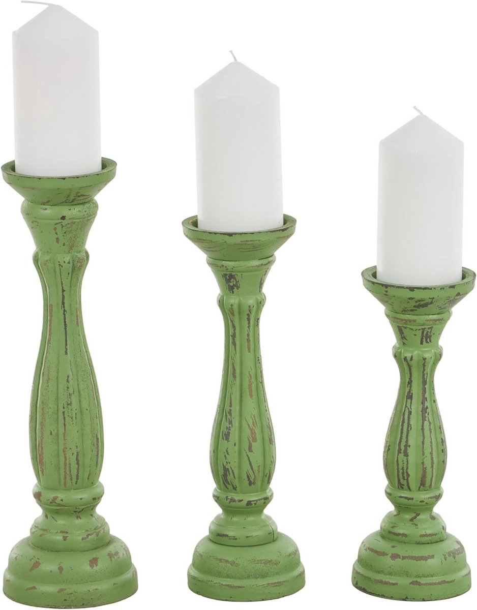 Houten Kandelaar - Kaarsenhouder Set - Huis Decoratie - Geschulpte Versieringen - Set van 3 - Groen