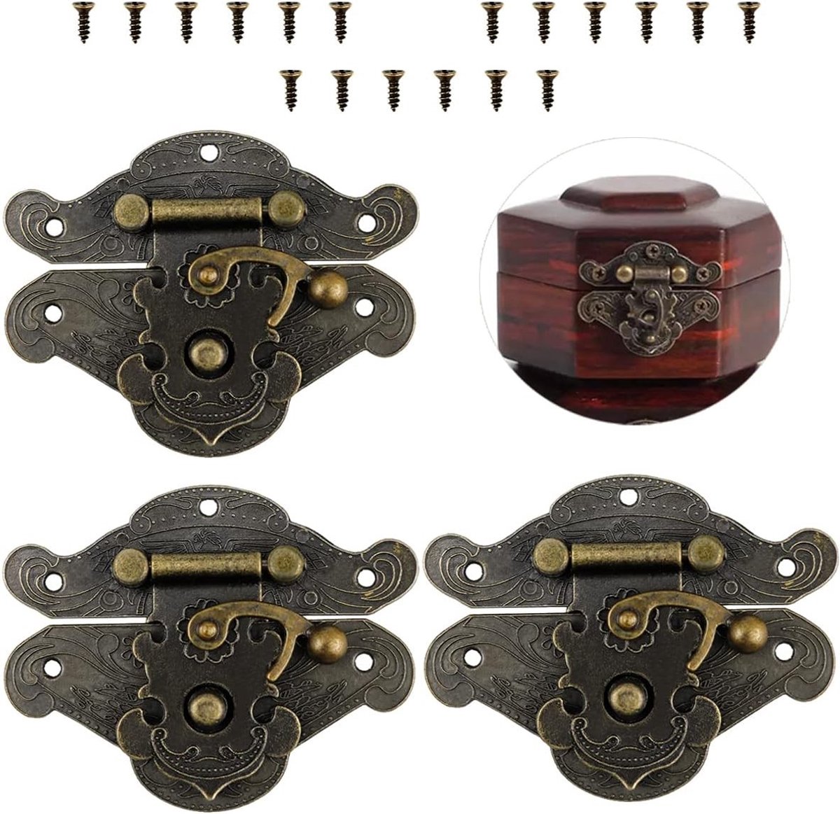 3 Stuks Antieke Gegraveerde Latch Hasp Kit, Vintage Slotplaat met Schroeven voor Sieradenkist en Meubeldecoratie