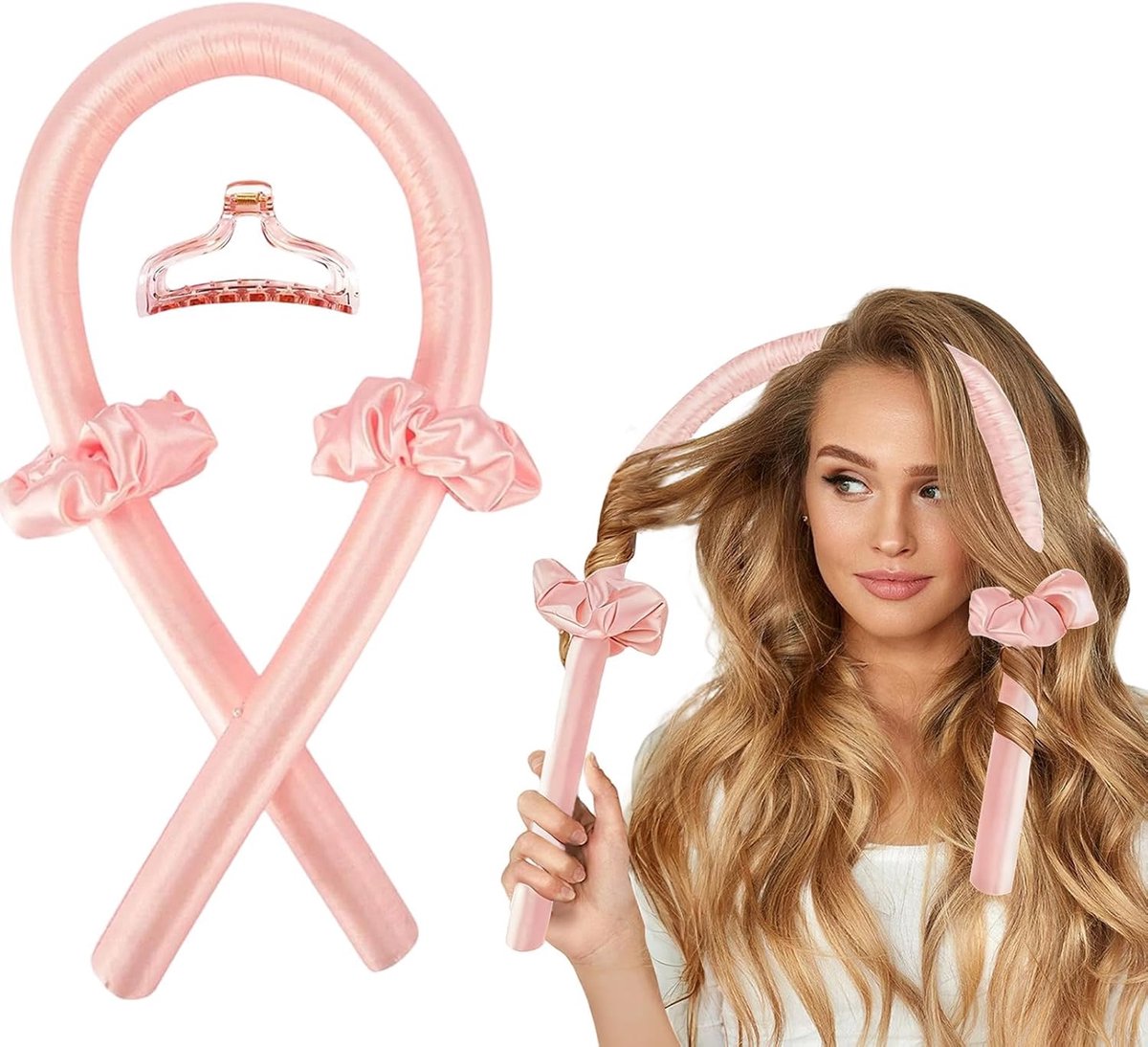 Thijox - Lockenwickler Heatless Curls Set voor Haarschonende DIY Haarstyling, Zachte EVA Schuim 96x2.5cm, Roze met Haarklem en Scrunchies voor Feest e