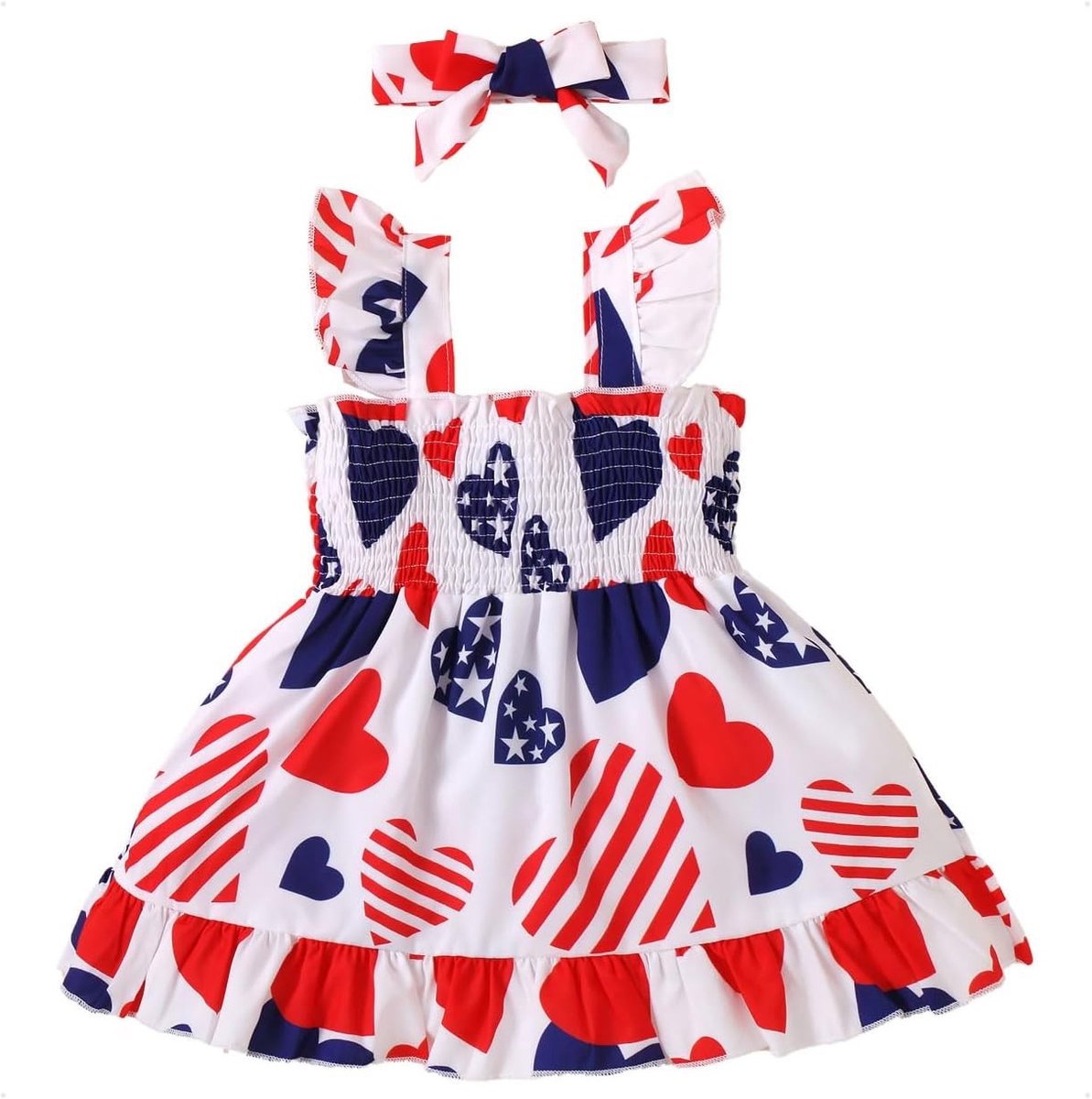 Meisjesjurk voor Baby - Mouwloze Jurk met Hartpatroon, Strepen en Sterren + Haarband - 2-delige Set voor Zomer, Lente en Herfst 0-3 Jaar (Rood)