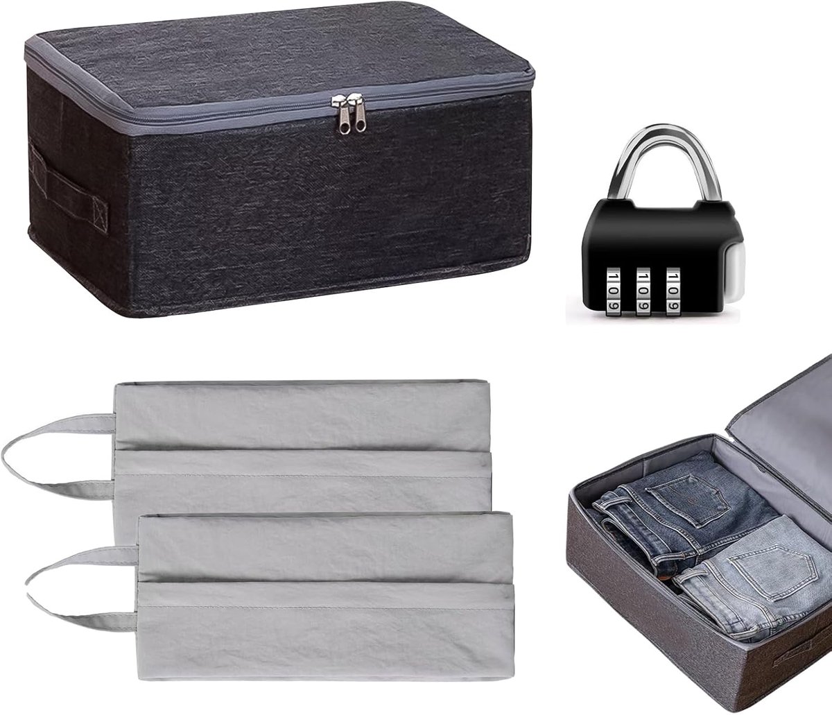 Afsluitbare box, opvouwbare opbergbox met deksel, Kleding opbergdozen met slot, opvouwbare opbergdoos, mini cijferslot, stofzakken, multifunctioneel voor kleding, deken en waardevolle spullen