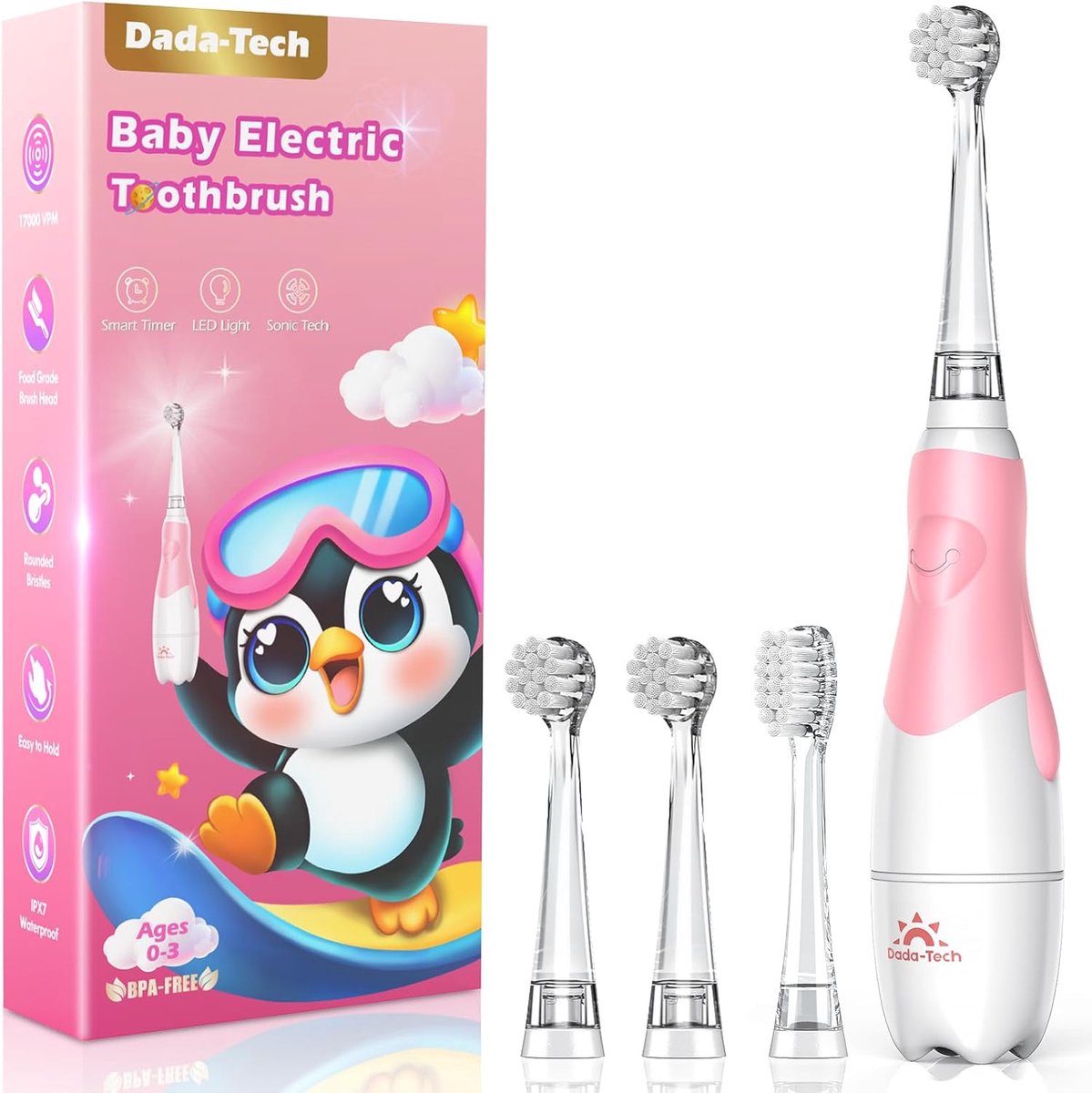 SnelShoppen - Elektrische Peuter Tandenborstel 0-3 Jaar met LED-Licht en Timer - Sonische Technologie voor Baby's - Zachte Nylon Borstelharen - Roze P
