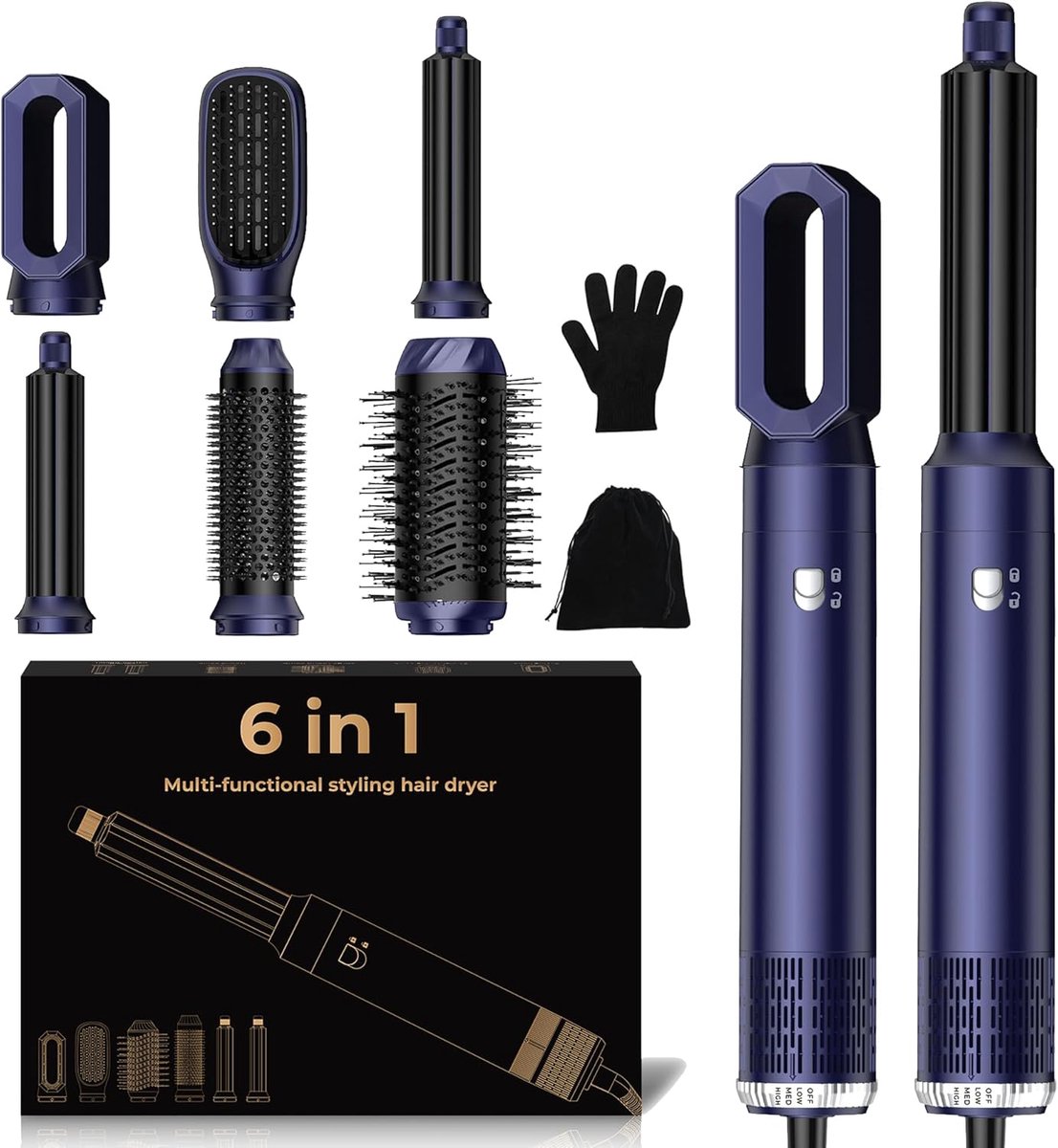 SnelShoppen - 6 in 1 Haardroger en Styling Borstel Set met Automatische Krultang, Steilborstel, Airstyler, Haarstyling Gereedschap - Goud voor Thuis,