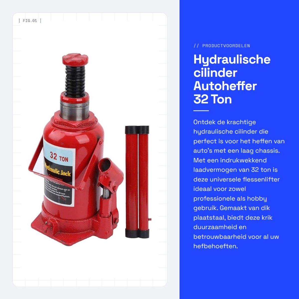 Dailygoods- Hydraulische Cilinder 32 Ton - Universele Flessenlifter - Antislip Bovenkant - Duurzaam Plaatstaal - Eenvoudige Bediening - Vergrote Basis voor Stabiliteit - Flessenkrik