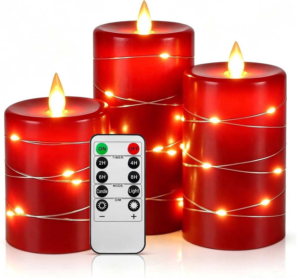 SnelShoppen - LED Kaarsen Set van 3 met Dansende Vlam, Sterrenlichtketting, 360° Kijkhoek, Real Wax, Rood, Met Afstandsbediening en 24-uurs Timer voor