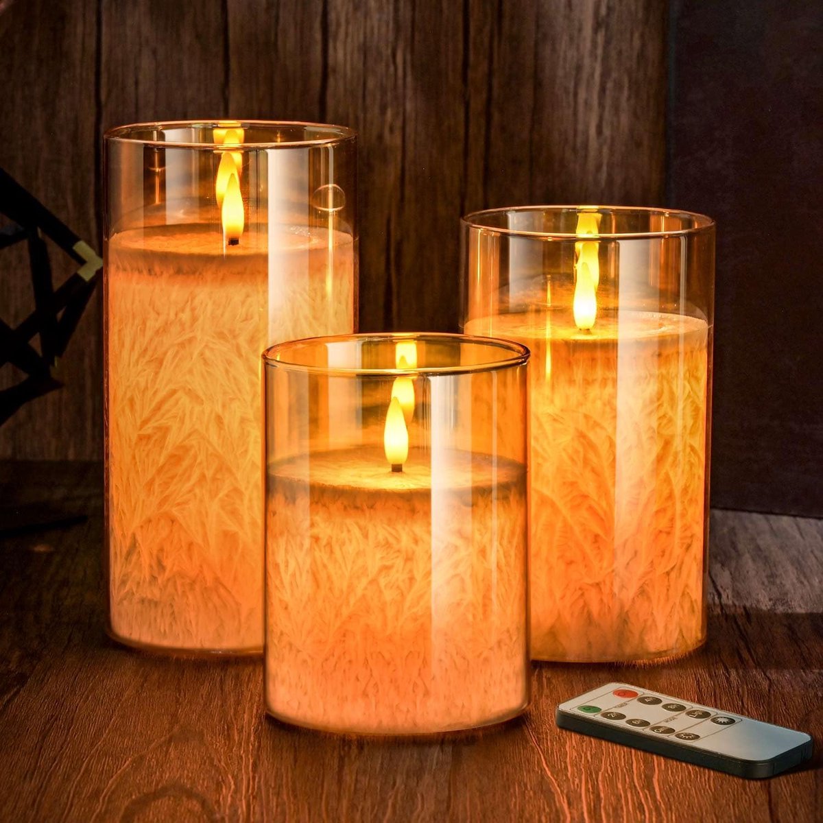 SnelShoppen - LED Kaarsen Set van 3 met Knipperende Vlammen, Glazen LED Kaarsen met Timer, Echte Wax, Vlamloze Decoratie voor Slaapkamer, Feest, Tuin