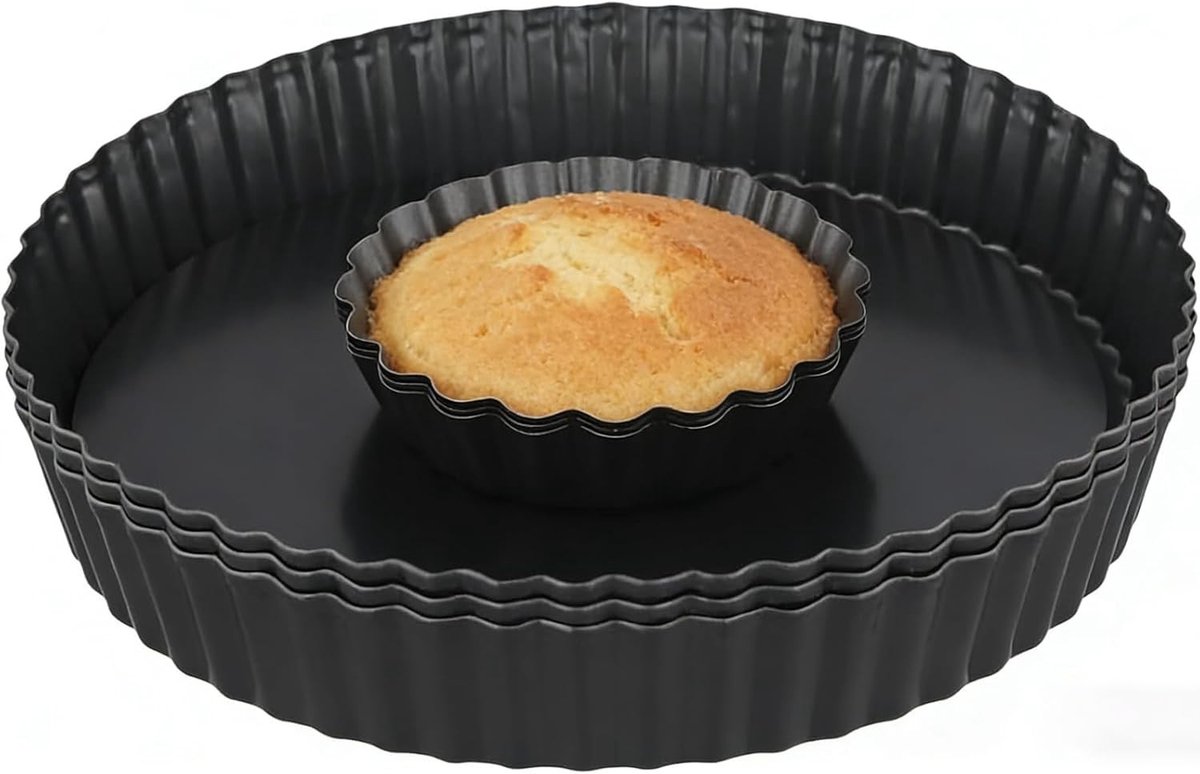 Set van 6 gecanneleerde taartvormen met losse bodem, 10 cm en 22 cm, ideaal voor quiches, taarten en gebak, met anti-aanbaklaag en duurzame kwaliteit