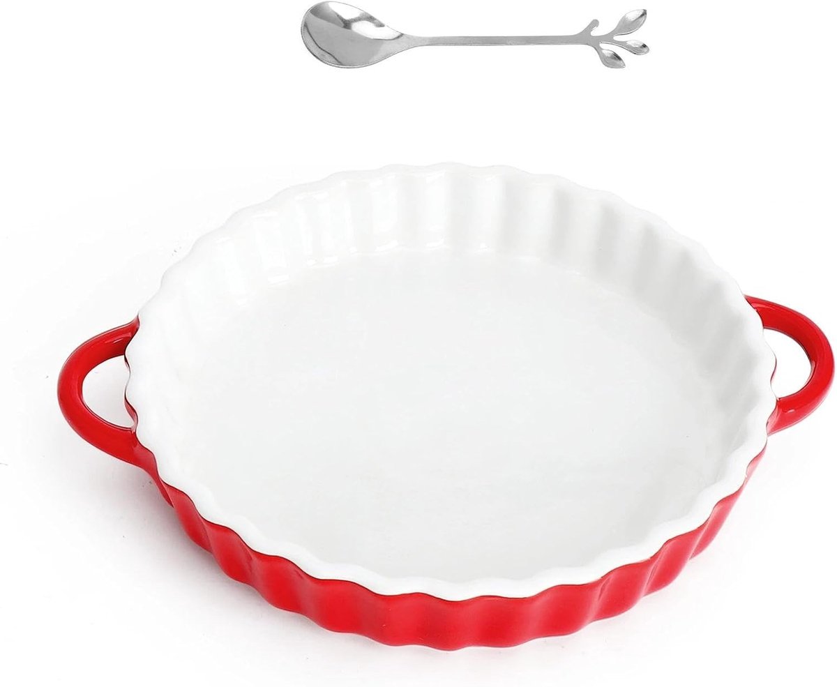 Ronde keramische tartvorm met handvatten voor quiches, taarten en pizza's - 26 x 21 x 4 cm, inclusief kleine lepel