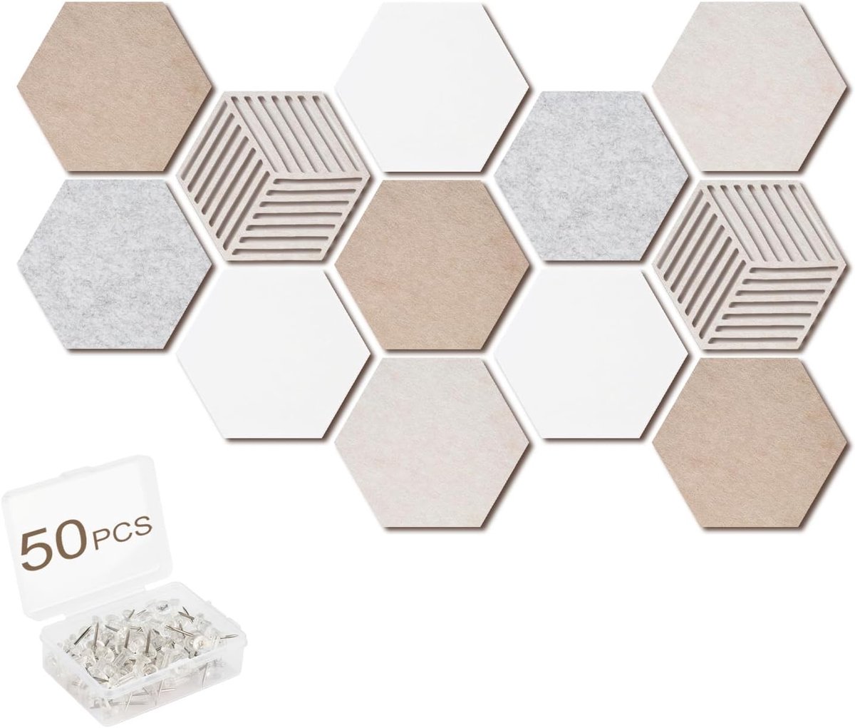 Thijox - 12 Stuks Zeshoekig Vilten Prikbord, Zelfklevend Kurk DIY, Inclusief 50 Doorzichtige Pushpins voor Kantoor, Thuis, Slaapkamer Wanddecoratie