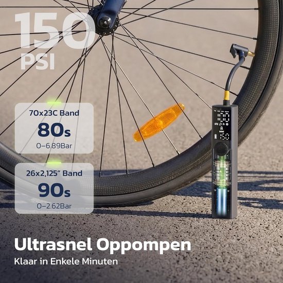 Thijox - Woowind Ventus Ride Elektrische Fietspomp 150 PSI/10,3 Bar Draagbare Bandenpomp met USB-C Oplaadbaar, Auto-Stop, LED-Lamp voor Racefiets, MTB — afbeelding 2