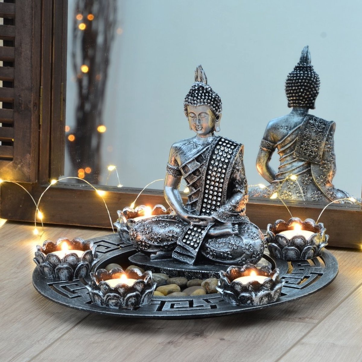 Dailygoods- Boeddha Bord 27 cm - Theelichthouders - Decoratieve Stenen - Boeddhafiguur 20 cm - Cadeauset - Gezellige Lichtsfeer - Decoratiebord