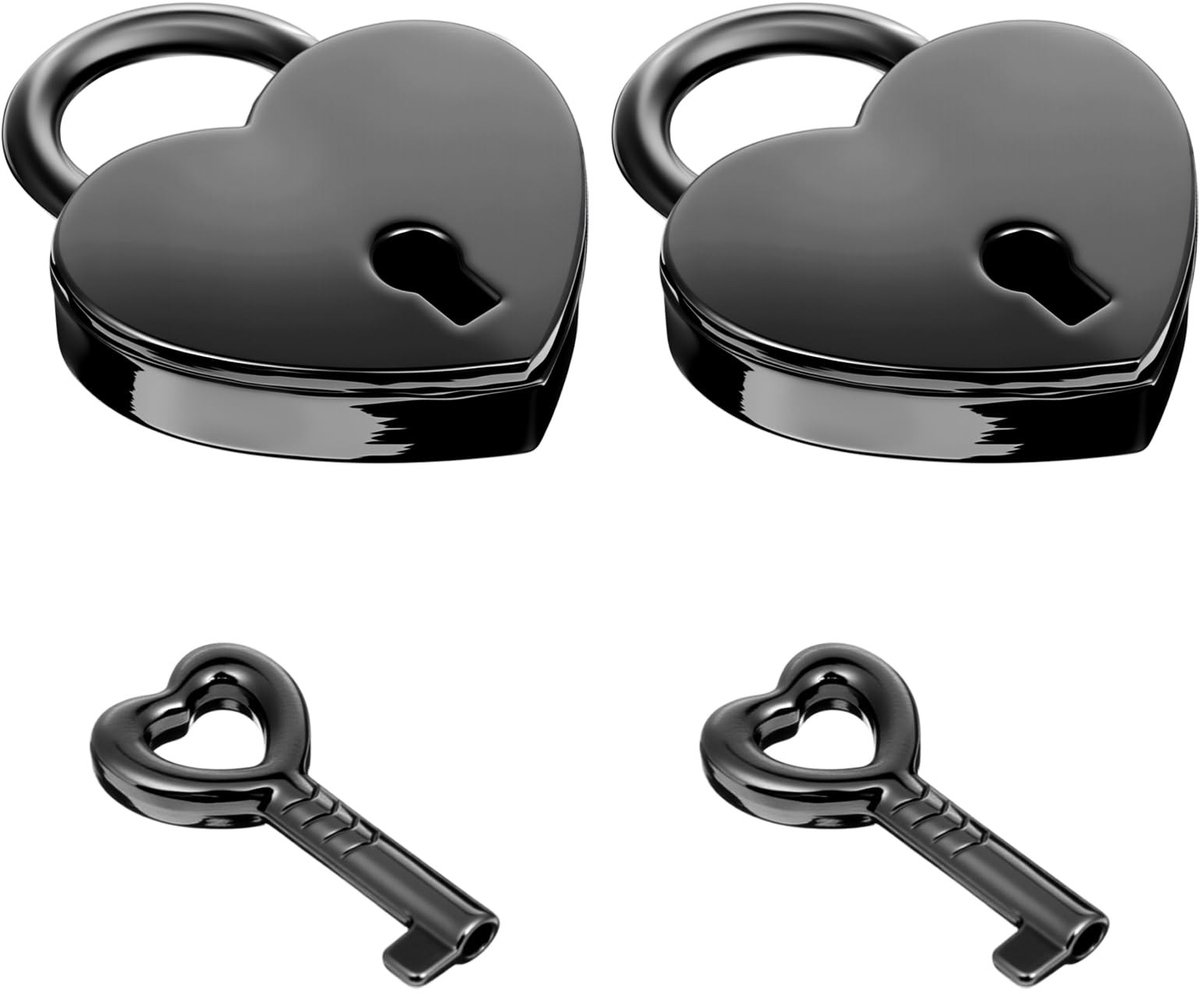 Dailygoods- Hartslot Klein - 2 Stuks - Mini Hartvormig Hangslot - Metalen Hangslot - Sleutel - Afmetingen 3,74 x 3 cm - Zwart