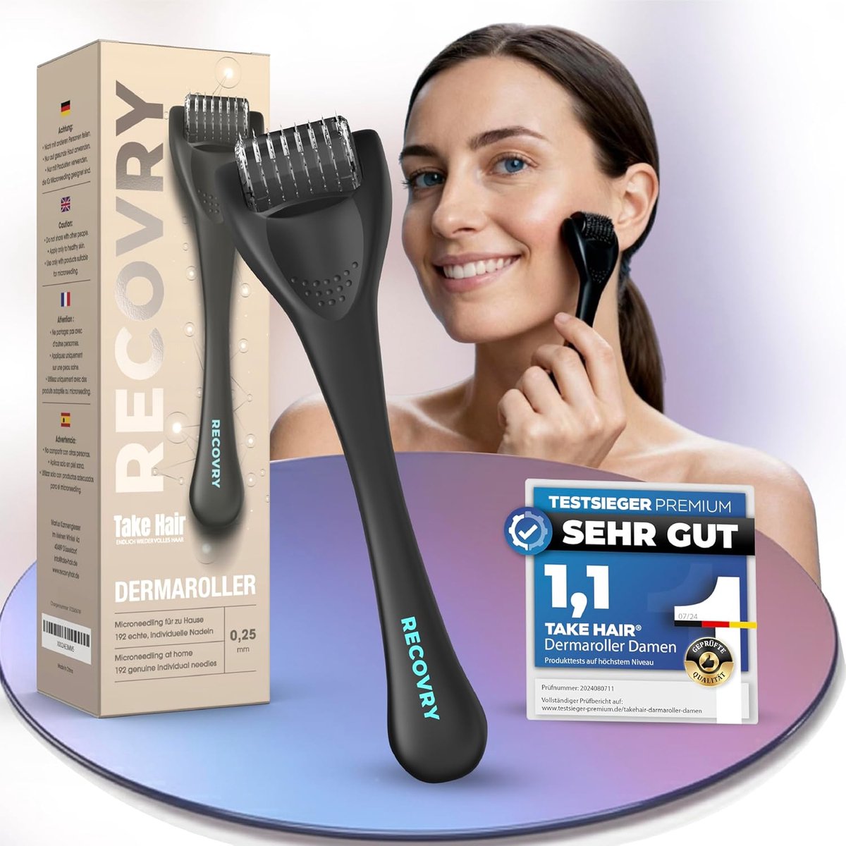 Thijox - RECOVRY Dermaroller 0,5 mm met 192 chirurgische naalden voor gezicht, poriënverfijning, anti-aging, microneedling roller voor thuisgebruik, l