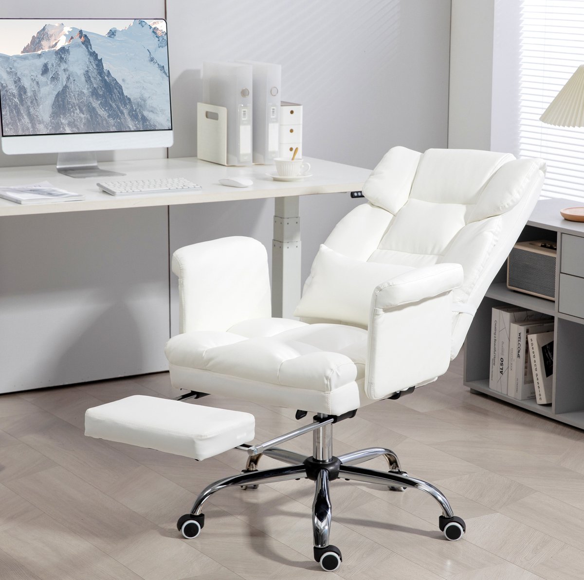 MEUNIQ ergonomische bureaustoel wit met kunstleer, verstelbare zithoogte 48-56 cm, 155° kantelbare rugleuning, lendenkussen, voetsteun en 360° draaifunctie