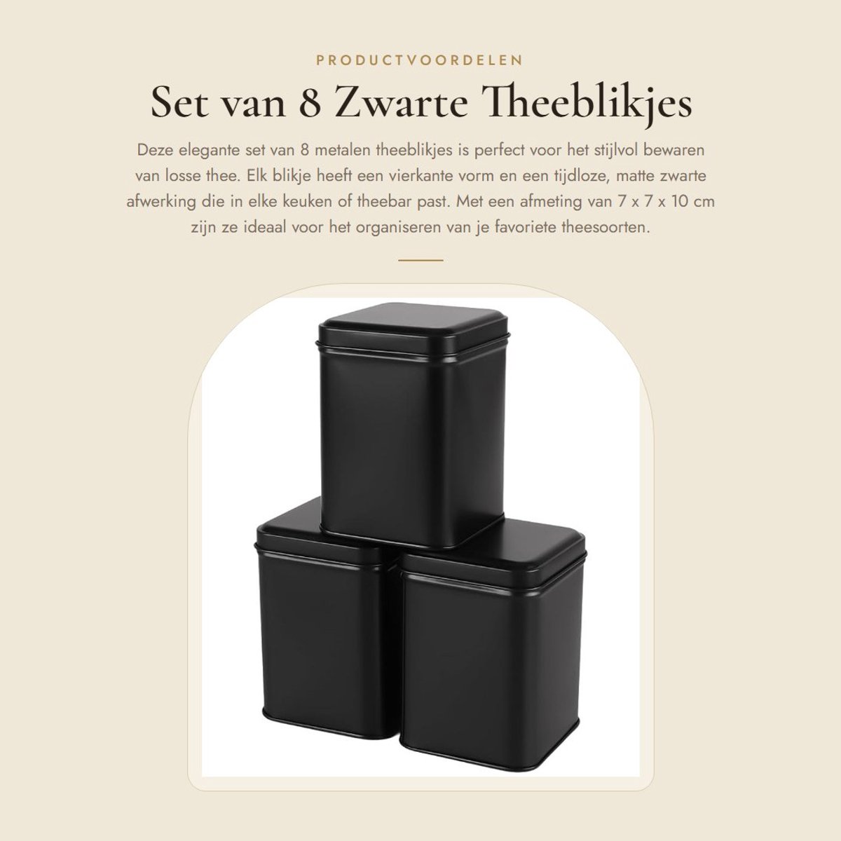 Dailygoods- Theeblikjes 8 stuks - Zwarte Theedoos - Bewaardoos voor Losse Thee - Metalen Blikjes - 7 x 7 x 10 cm - Robuust en Stijlvol