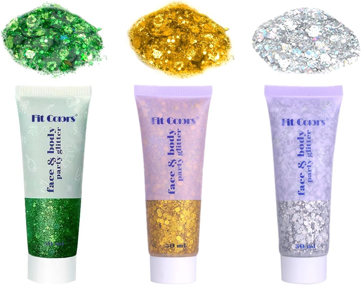Thijox - Body Glitter Gel Set - 3 Flessen, Veilig en Niet-Giftig, Sprankelende Make-up voor Gezicht, Haar, Lippen en Nagels, Langdurig Waterdicht en Z