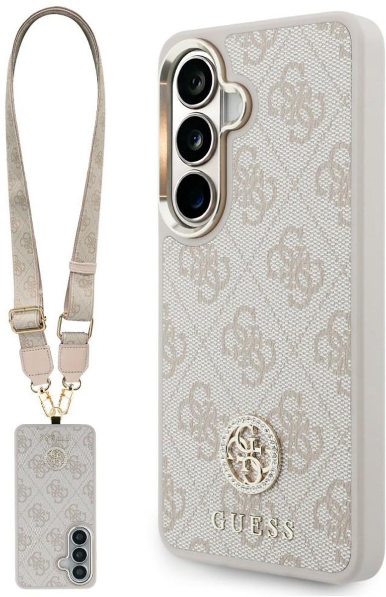 Set Hoesje + Koord Guess 4G Big Rhinestone Triangle Strap MagSafe voor Samsung Galaxy S26 Roze
