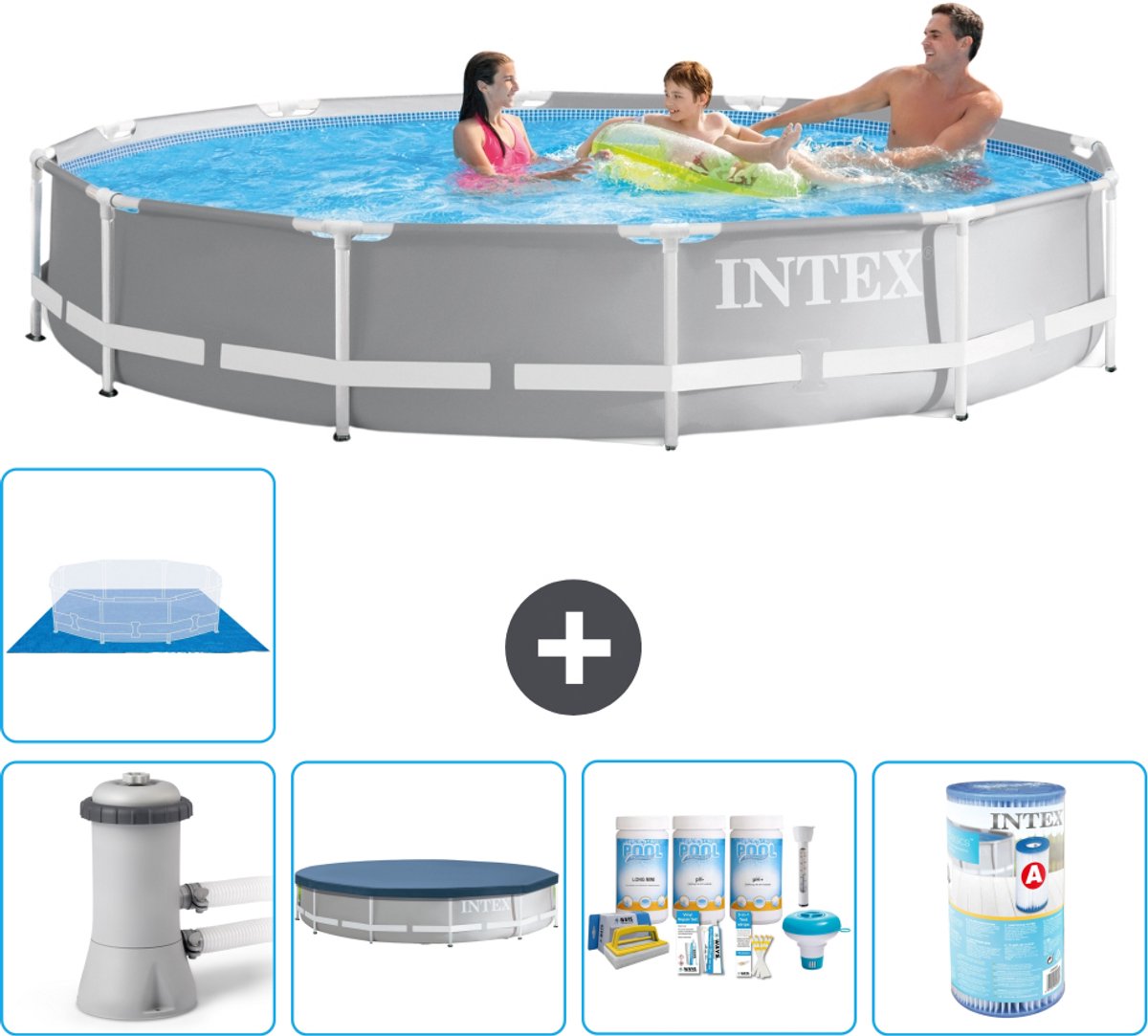 Intex Rond Prism Frame Zwembad - 366 x 76 cm - Grijs - Inclusief Pomp - Afdekzeil - Onderhoudspakket - Filter - Grondzeil - 6-delig