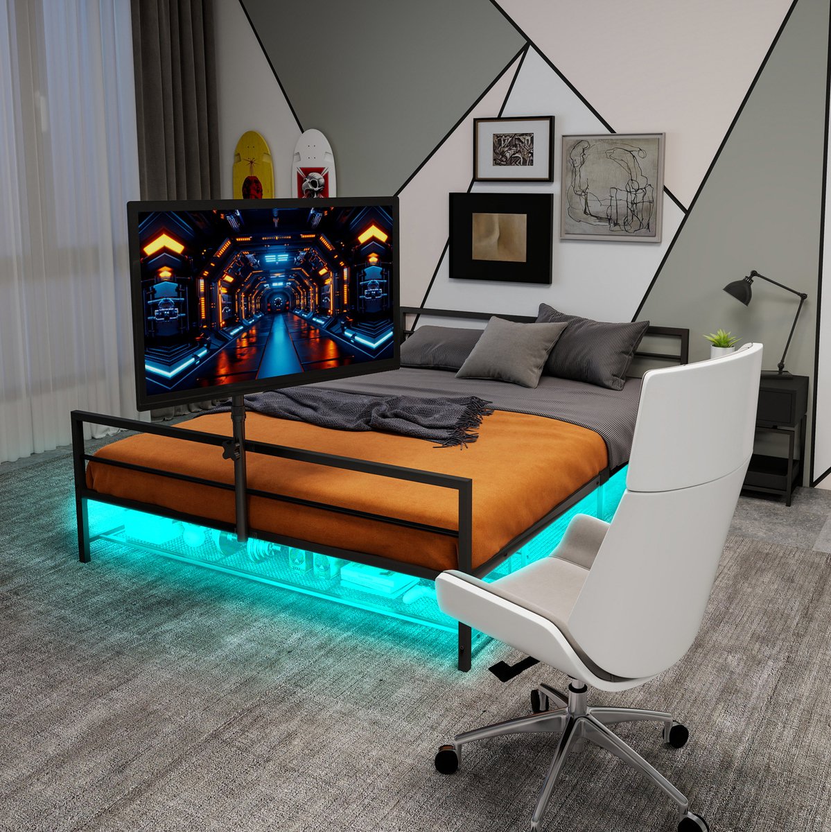 Metalen Bed 90x200 cm Zonder Matras - Met Verstelbare Monitorhouder en Ledverlichting - Met Opbergmand - Voor Slaapkamer en Gamerkamer - Zwart