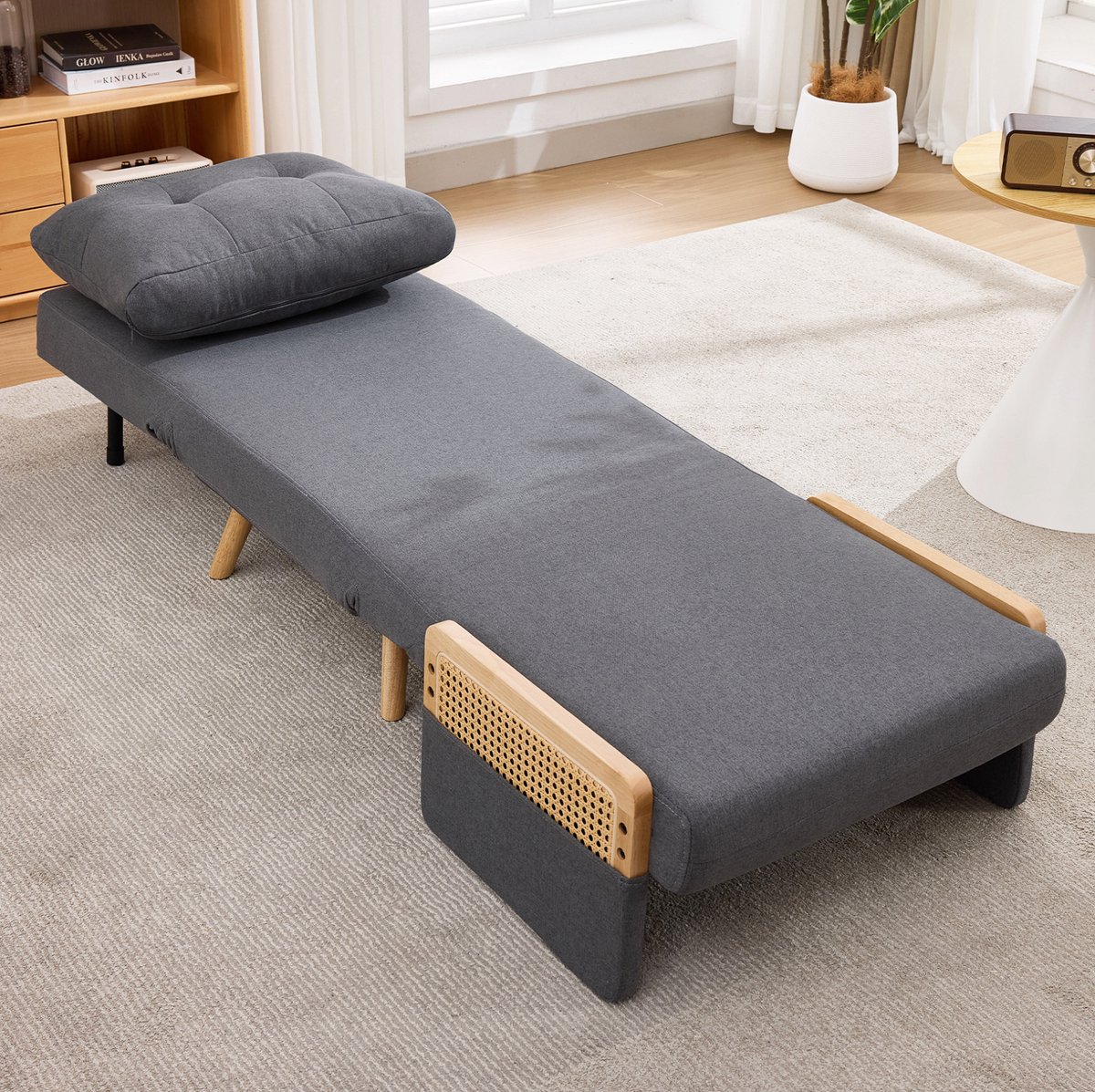 MIVRAY Fauteuil 67,5 x 73 x 86,5 cm - 3-in-1 Slaapfauteuil Met 5-Standen Rugleuning - Voor Woonkamer En Logeerkamer - Linnen Grijs
