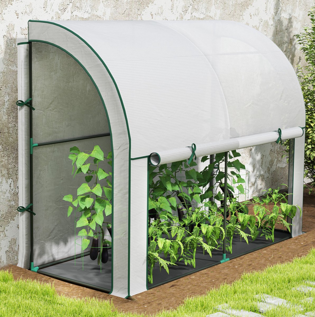 MEUNIQ Muurkas tomatenkas 200 x 80 x 157 cm met oprolbare deur, UV-bestendige kunststof afdekking en stalen frame voor balkon, tuin of terras, wit