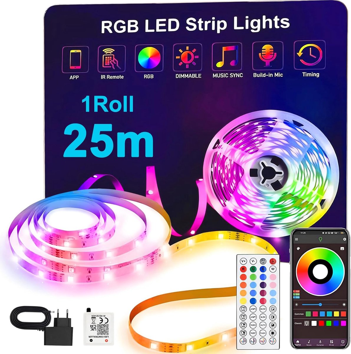 SnelShoppen - 25m RGBW LED Strip Licht met Bluetooth App Besturing, Muziek & Stem Synchronisatie, Kleurverandering, Ideaal voor Feesten, Thuisdecorati