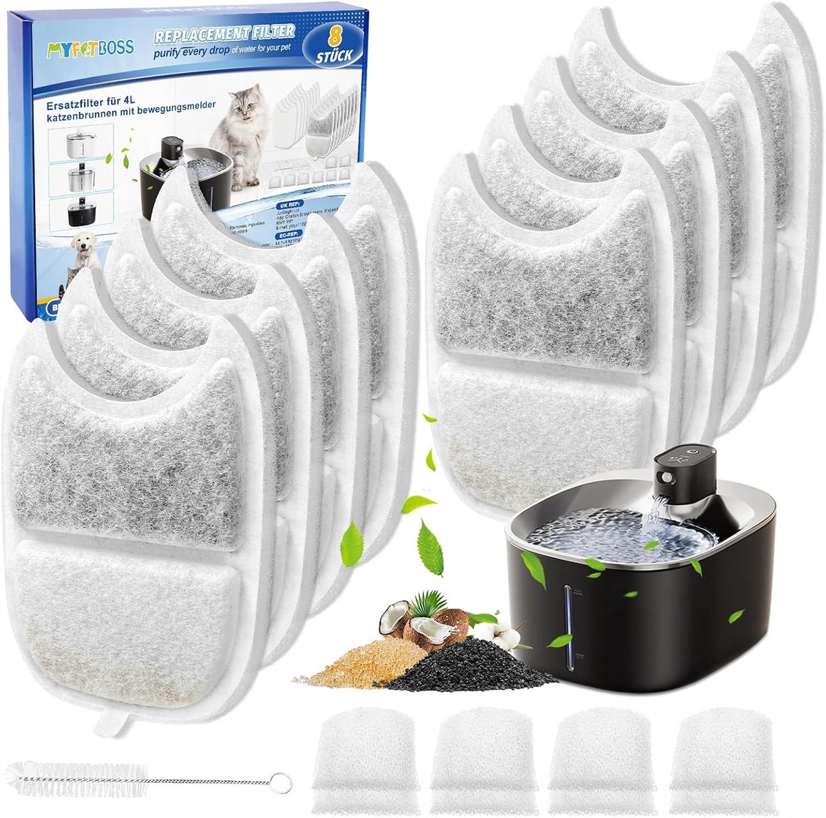 Thijox - Set van 8 Kattenfonteinfilters voor 4 Liter Drinkfontein met Bewegingsmelder, Koolfilters en Sponzen, Vervangingsfilters voor Katten, YPD-C00