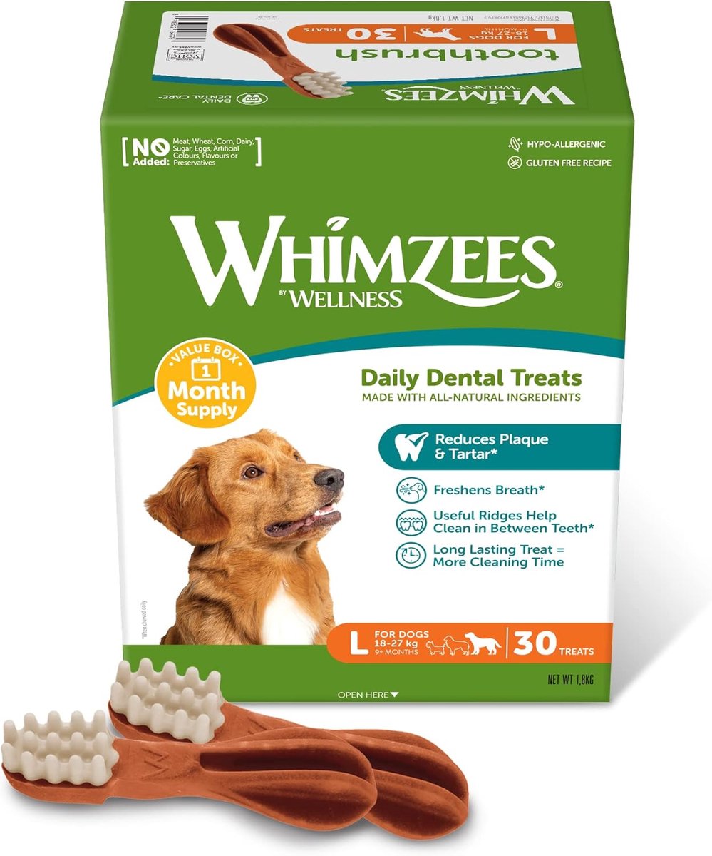 SnelShoppen - WHIMZEES Tandenborstels L, Kauwsnacks voor Grote Honden, Natuurlijk, Graanvrij, Vegetarisch, Maandvoorraad 30 Stuks, Tandenreiniging, Ge