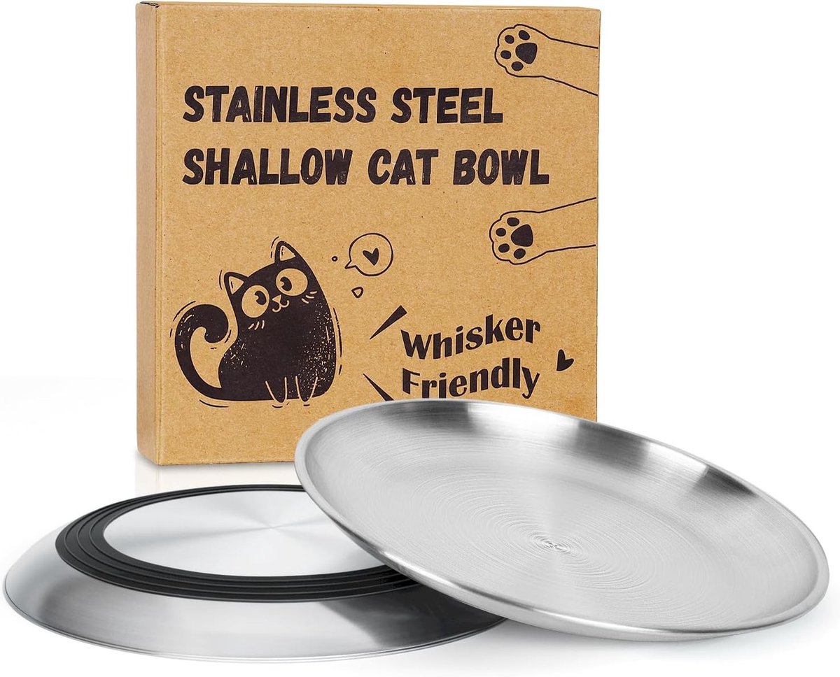 Kattenvoerbak tegen whisker fatigue, anti-slip roestvrijstalen schalen, 17 cm platte kattenvoeder, geschikt voor nat en droog voer, gemakkelijk schoon te maken en duurzaam