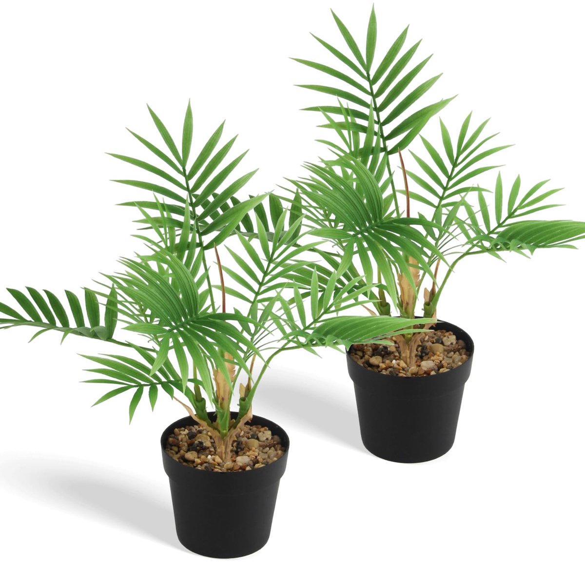 2 stuks kunstplant, 35 cm, kamerplanten, palm, bevat 12 bladeren met zwarte bloempot, kunstplanten als echt, voor badkamer, woonkamer, werkkamer en balkondecoratie