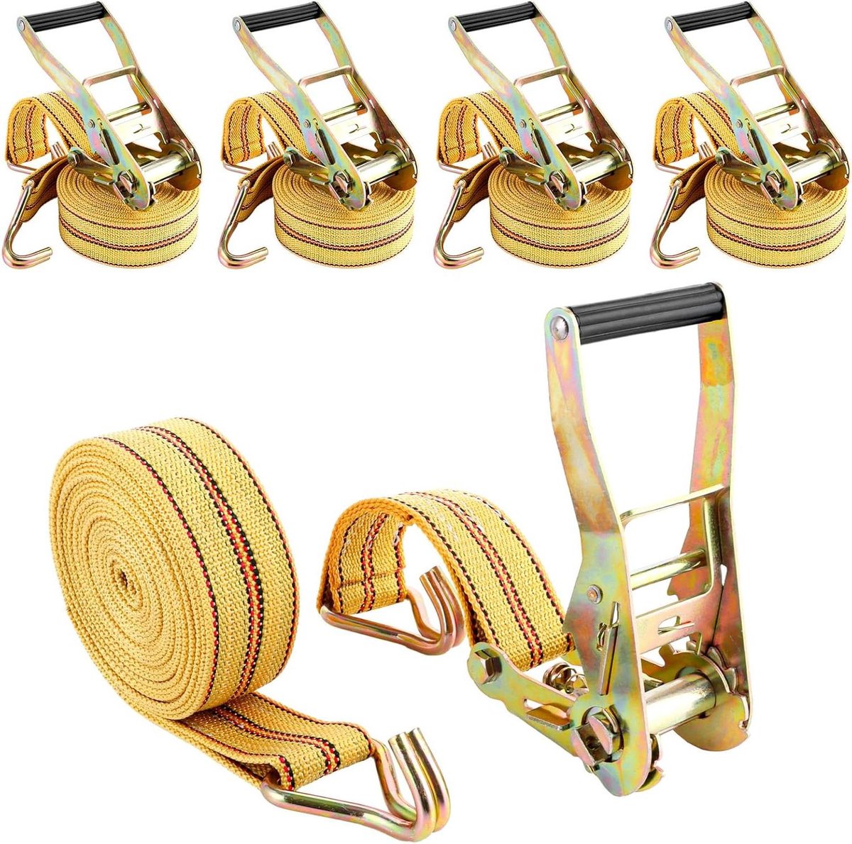Ratelgordel Set - Spanbanden Sjorbanden - Vastzetten Lading - 2000 kg Capaciteit - 6 m x 50 mm - Geel