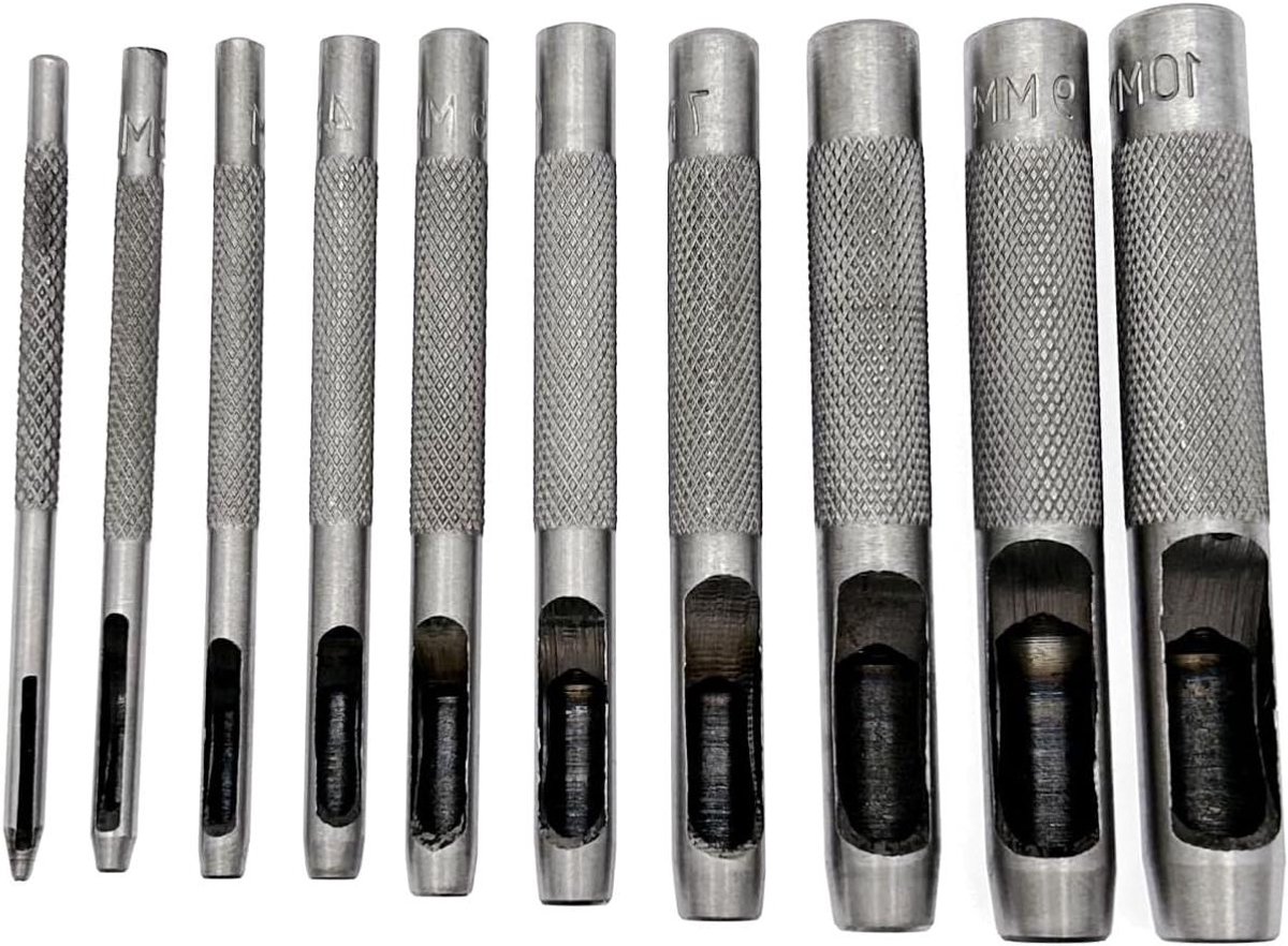 Rondepons Set - Leerpons Gatenpons - Materialen Ponsen - 10 Verschillende Maten - 1-10 mm - Zilver