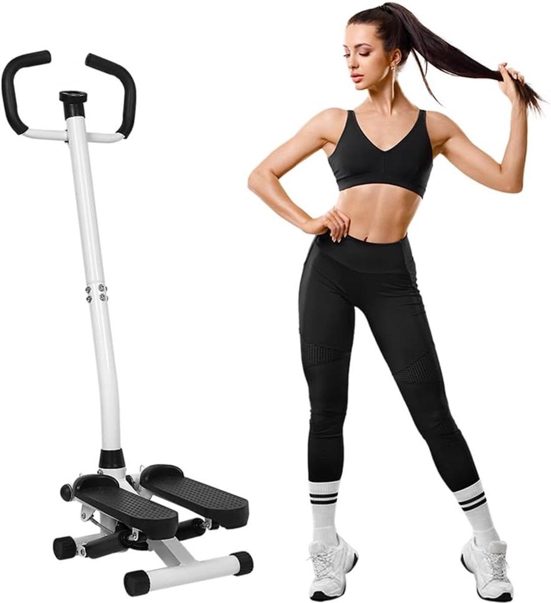 Mini Stepper - Hometrainer Stepper - Cardio Training - Met Trainingsbanden - 43 x 39 x 22 cm - Zwart Wit