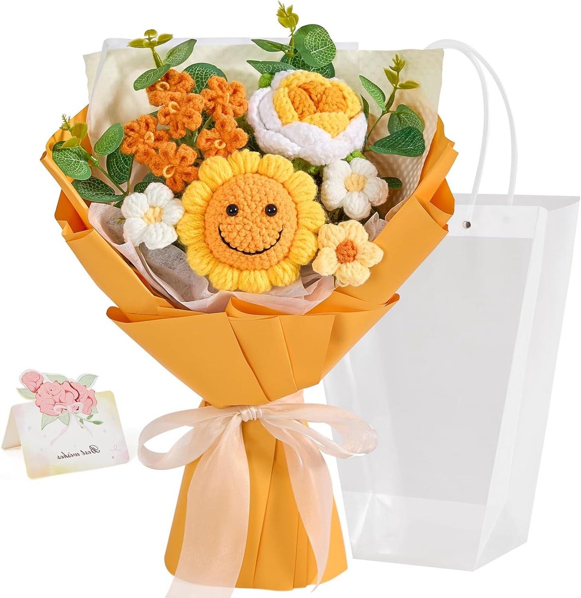 Gehaakt bloemen boeket - Gebreide bloemen - Decoratie huis - Handgemaakt ontwerp - 35 cm lengte - Oranje
