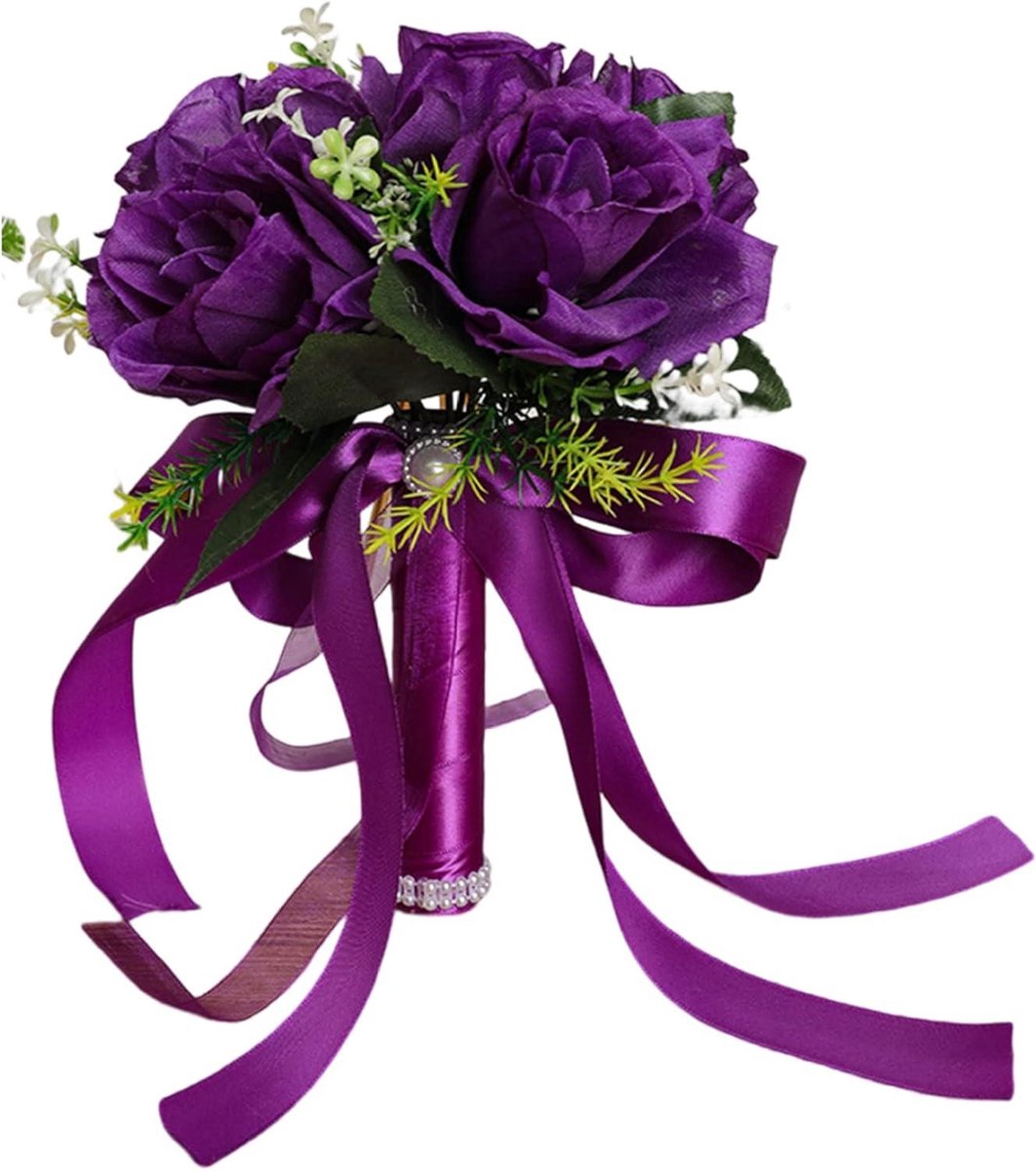 Bruidsboeket - Zijden bloemen - Bruiloft decoratie - Lichtgewicht ontwerp - 20x24 cm - Paars