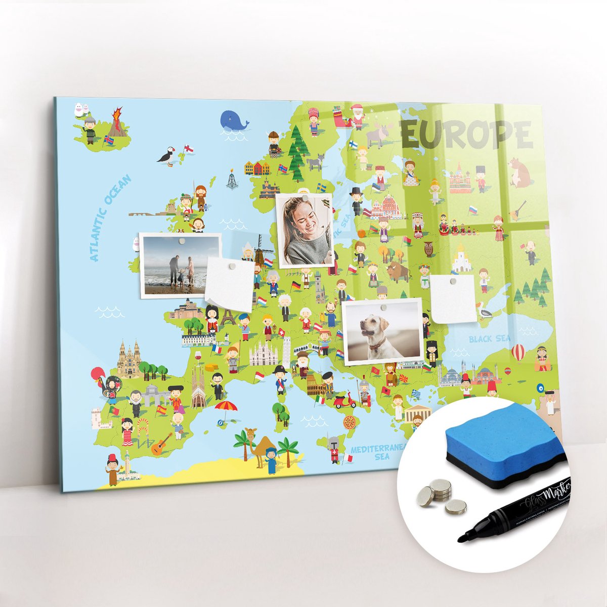 Tulup Whitebord - Wereldkaart met vlaggen - 100 x 70 cm - Veelkleurig Magneetbord Design - Gratis 5 Sterke Magneten + Whiteboard Marker & Wisser - Scandinavisch Design Bord - Magneetbord Muur - Planning Muur