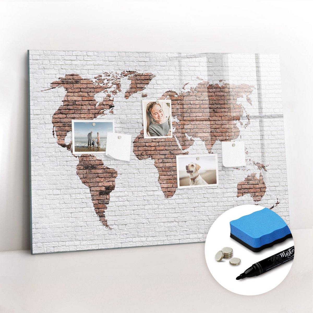 Tulup Whitebord - Wereldkaart van bakstenen met stucwerk - 100 x 70 cm - Veelkleurig Magnetisch Bord Kind - Gratis 5 Sterke Magneten + Whiteboard Marker & Wisser - Wanddecoratie Kantoor - Magnetisch Bord Kind - Productiviteit Tools