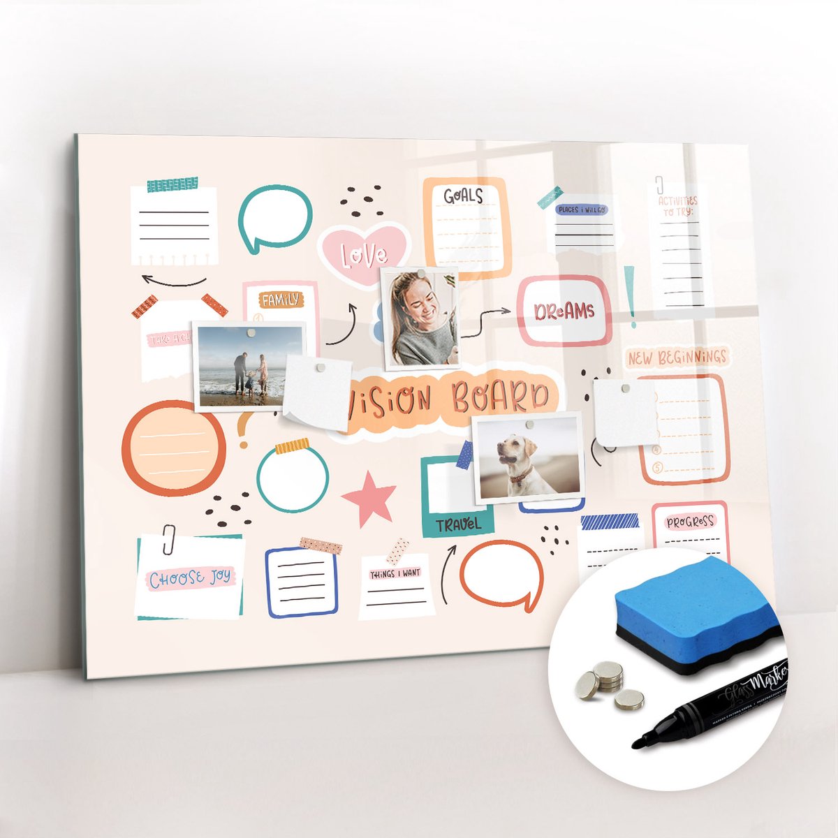 Tulup Whitebord - Kleurenvisiebord - 100 x 70 cm - Veelkleurig Magnetisch Wandbord - Gratis 5 Sterke Magneten + Whiteboard Marker & Wisser - Stylish Memo Board - Magnetisch Bord Kind - Organiseer Je Bureau