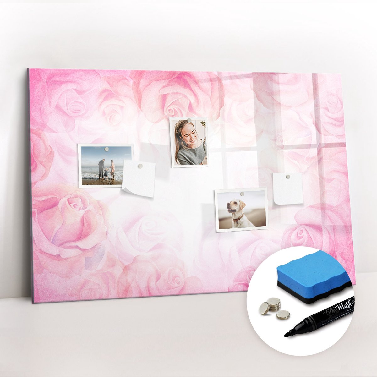 Tulup Whitebord - Abstracte rozen - 90 x 60 cm - Roze Memobord Magnetisch - Gratis 5 Sterke Magneten + Whiteboard Marker & Wisser - Stylish Memo Board - Memo Bord - Organiseer Je Bureau