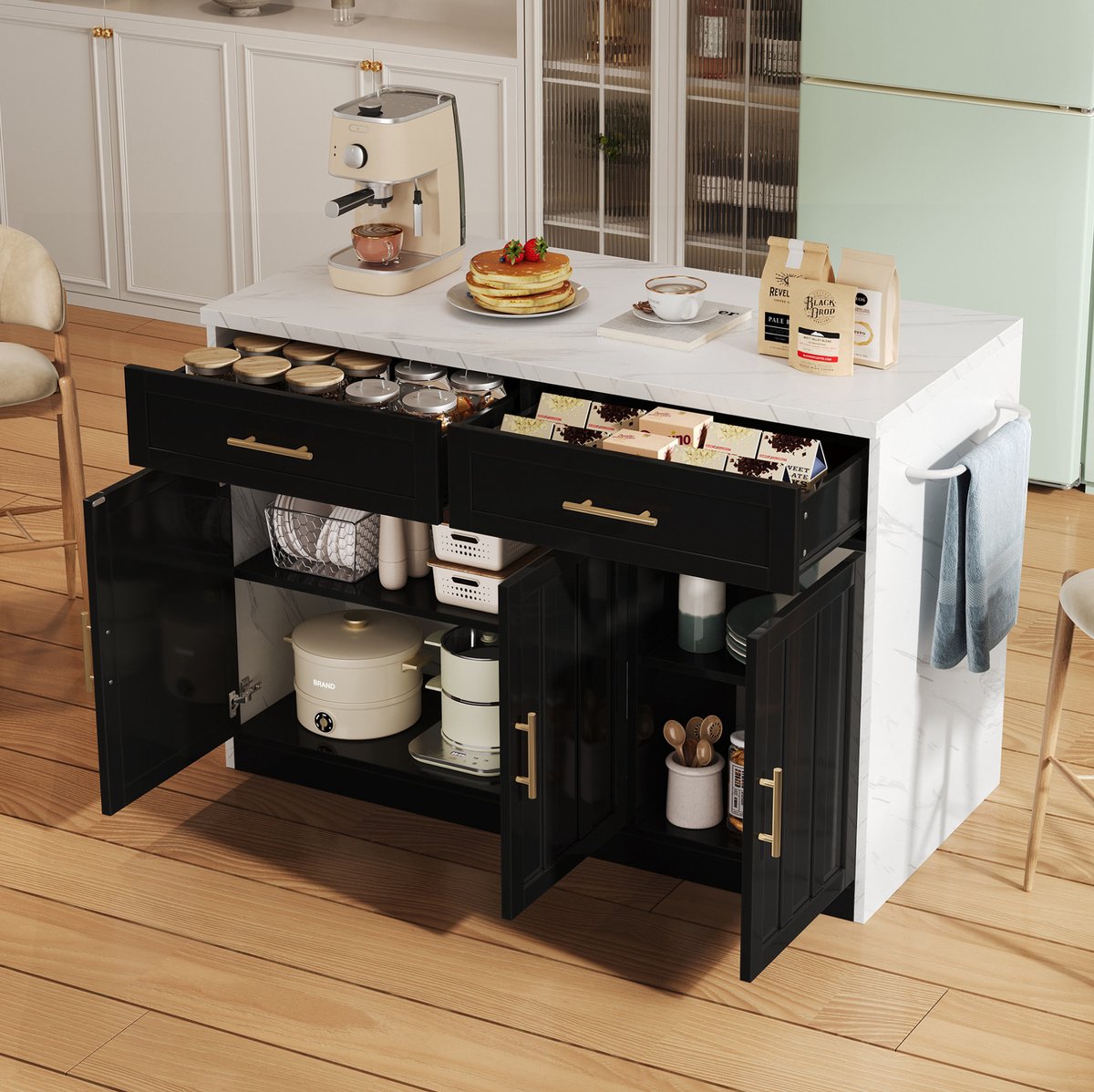 HAUSS SPOLE Keukenkast - Keukeneiland Met Stopcontacten En USB Aansluitingen - Met Barfunctie En Opbergruimte - MDF - 120x60x91 Cm - Zwart Wit