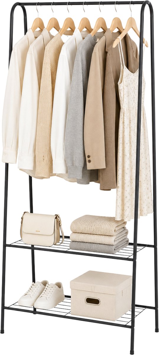 Kledingrek Staand – Kledingrek met Planken – Garderoberek Metaal – Open Kast – Kapstokrek – Zwart – Voor Slaapkamer en Hal