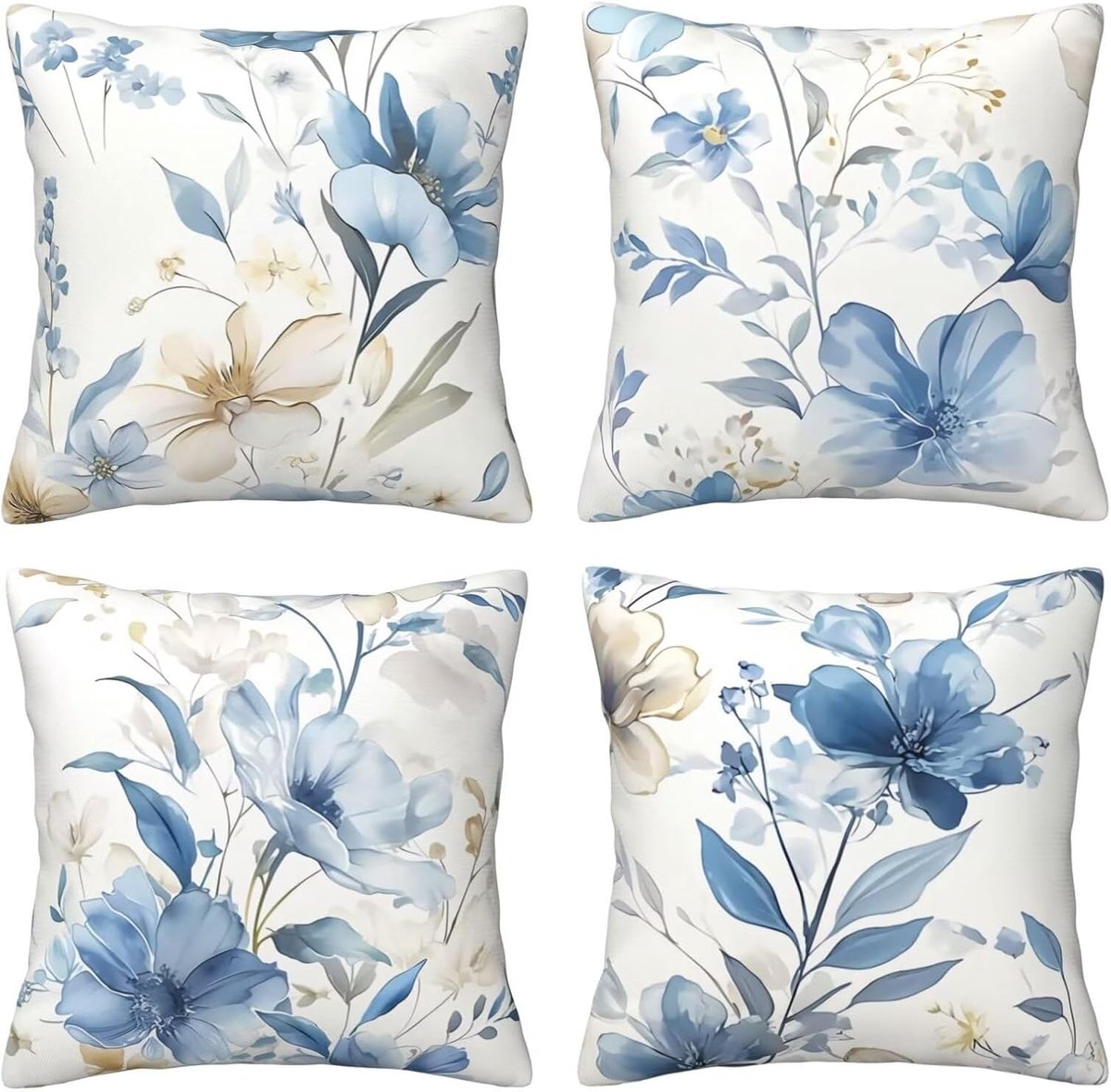 Kussenslopen, 65 x 65 cm, blauwe inkt, 4 stuks, vierkant, fluweel, zacht, decoratieve kussenhoes met verborgen ritssluiting, voor slaapkamer en woonkamer, bank, bed, E8006