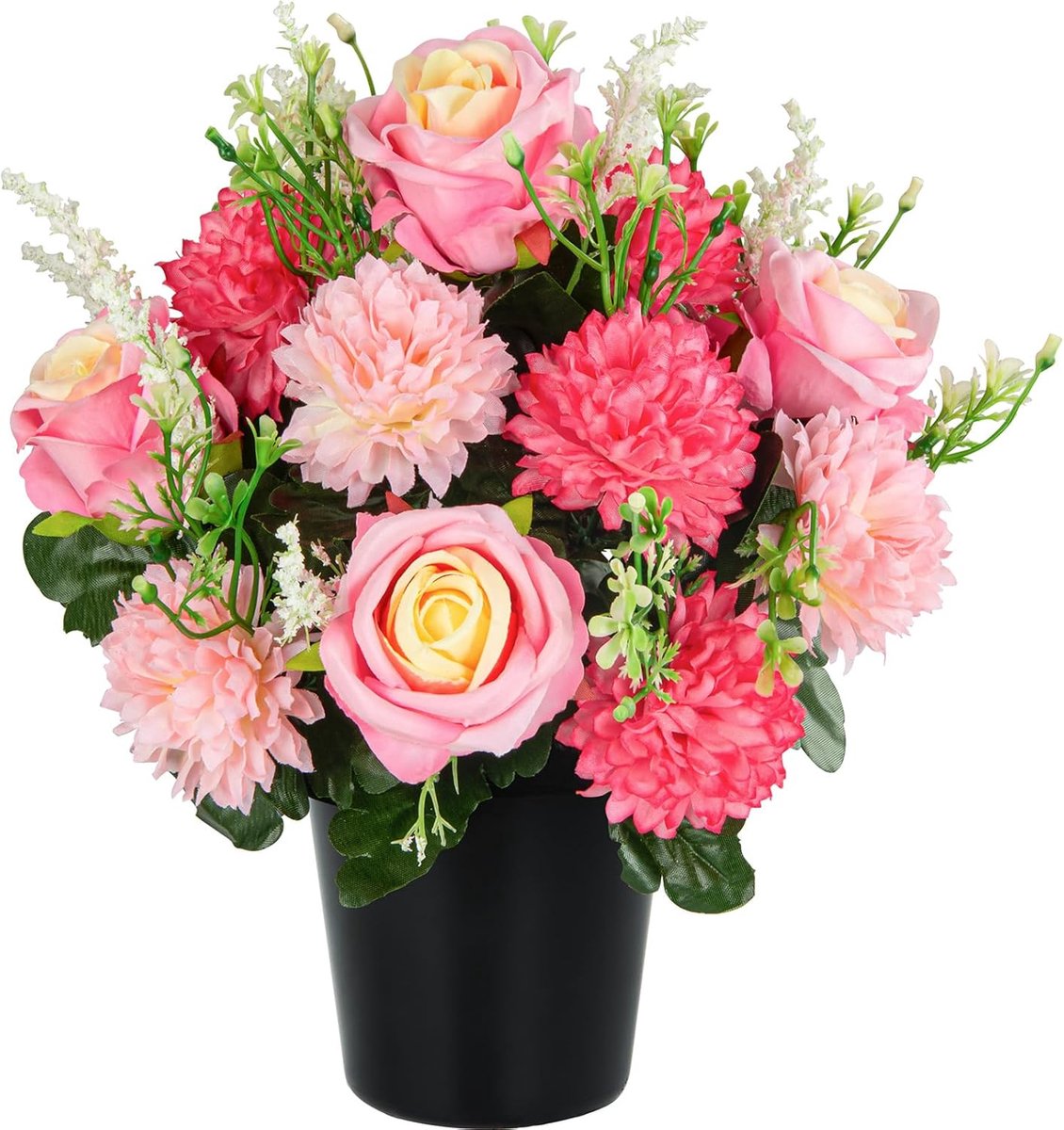 Kunstmatige grafbloemen voor de begraafplaats, kunstmatige chrysanten en rozen, decoratieve herdenkingsbloemen in pot voor graven, voor decoratie binnen en buiten (1 stuk, roze)