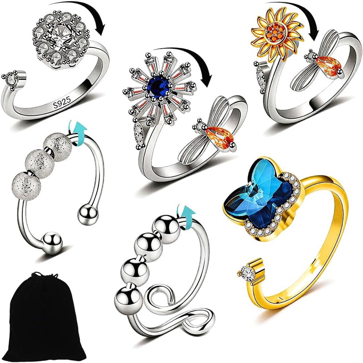 6PCS Angst Ring voor Vrouwen, Zilveren Fidget Ring voor Tienermeisjes, Verstelbare Open Spinner Ringen voor Angst Vrouwen Dochter, Verstelbare Fidget Ring voor Anti-Stress - Star Moon Finger Spinner