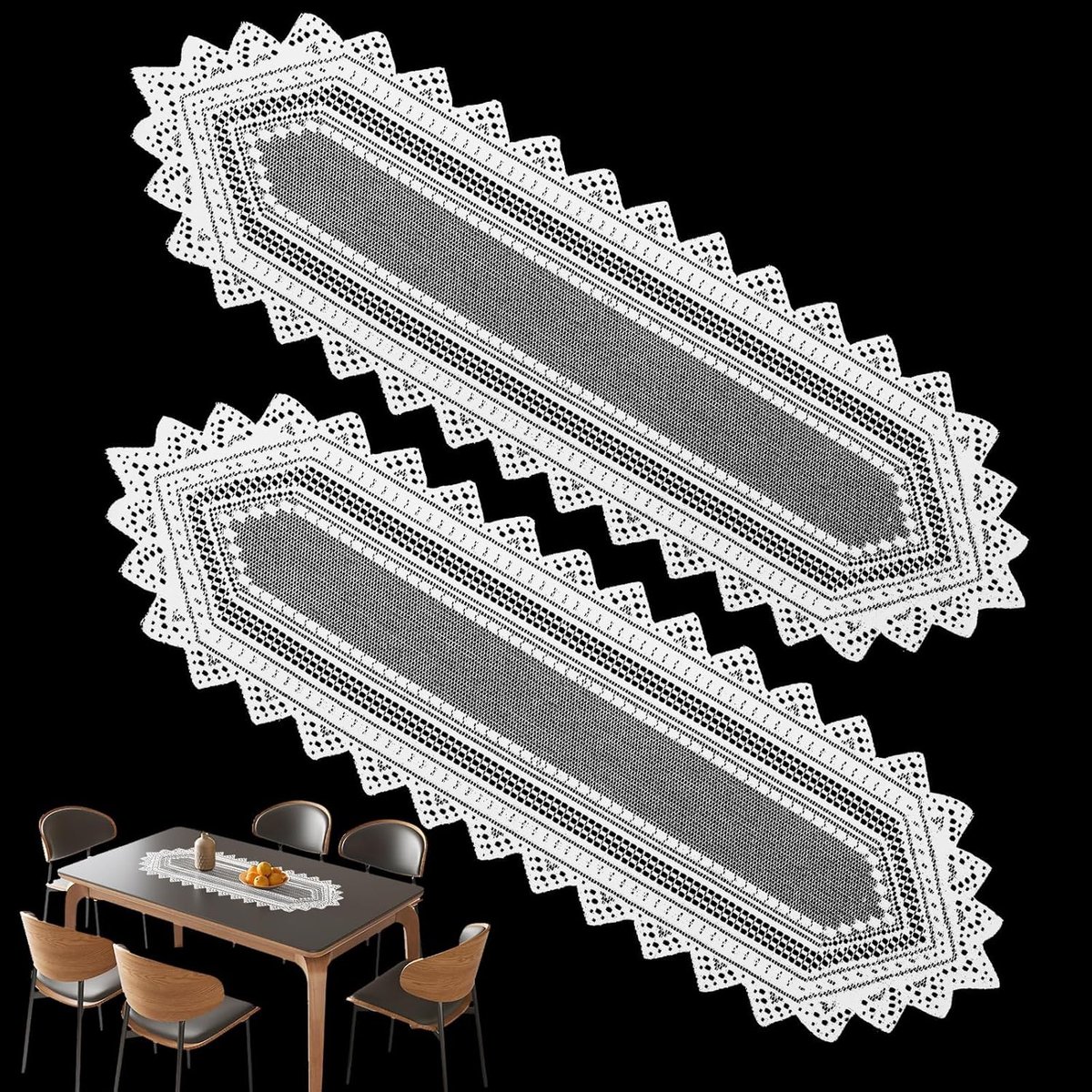 Set van 2 witte kanten tafelloper 114 x 34,5 cm, vintage blad gehaakte rechthoekige kleedjes voor bruiloft, eettafel, dressoir, boho, huisdecoratie, feestdecoratie (diamant)
