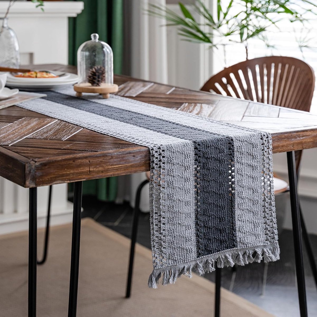 Tafelloper - Macramé Katoen-linnen Mesh - Grijs 30x180cm