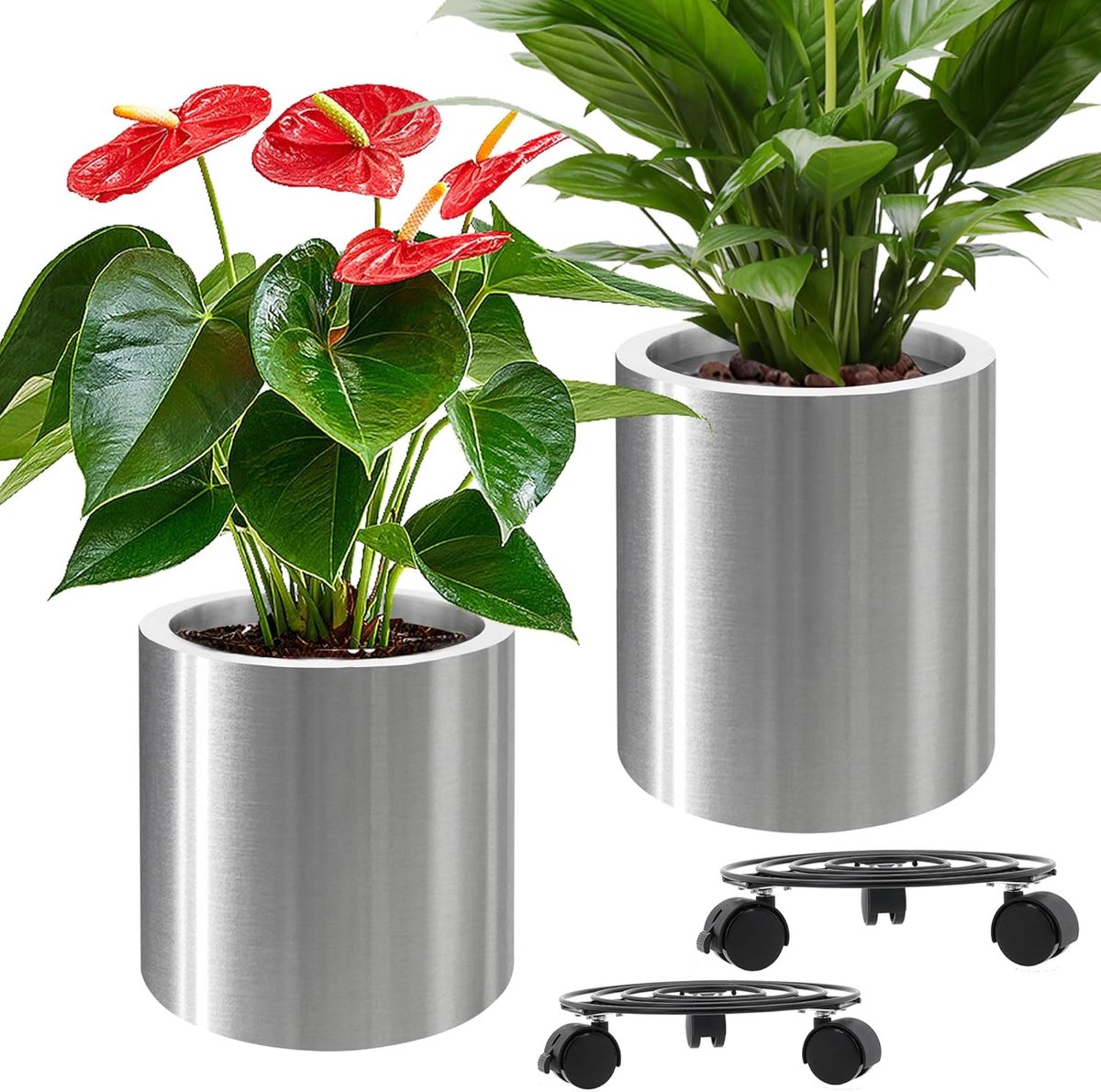 plantenbak van roestvrij staal met wielen, twee plantenbakken, 25 cm en 30 cm, gelakt oppervlak met anti-vingerafdruk, gemakkelijk schoon te maken, voor binnen en buiten