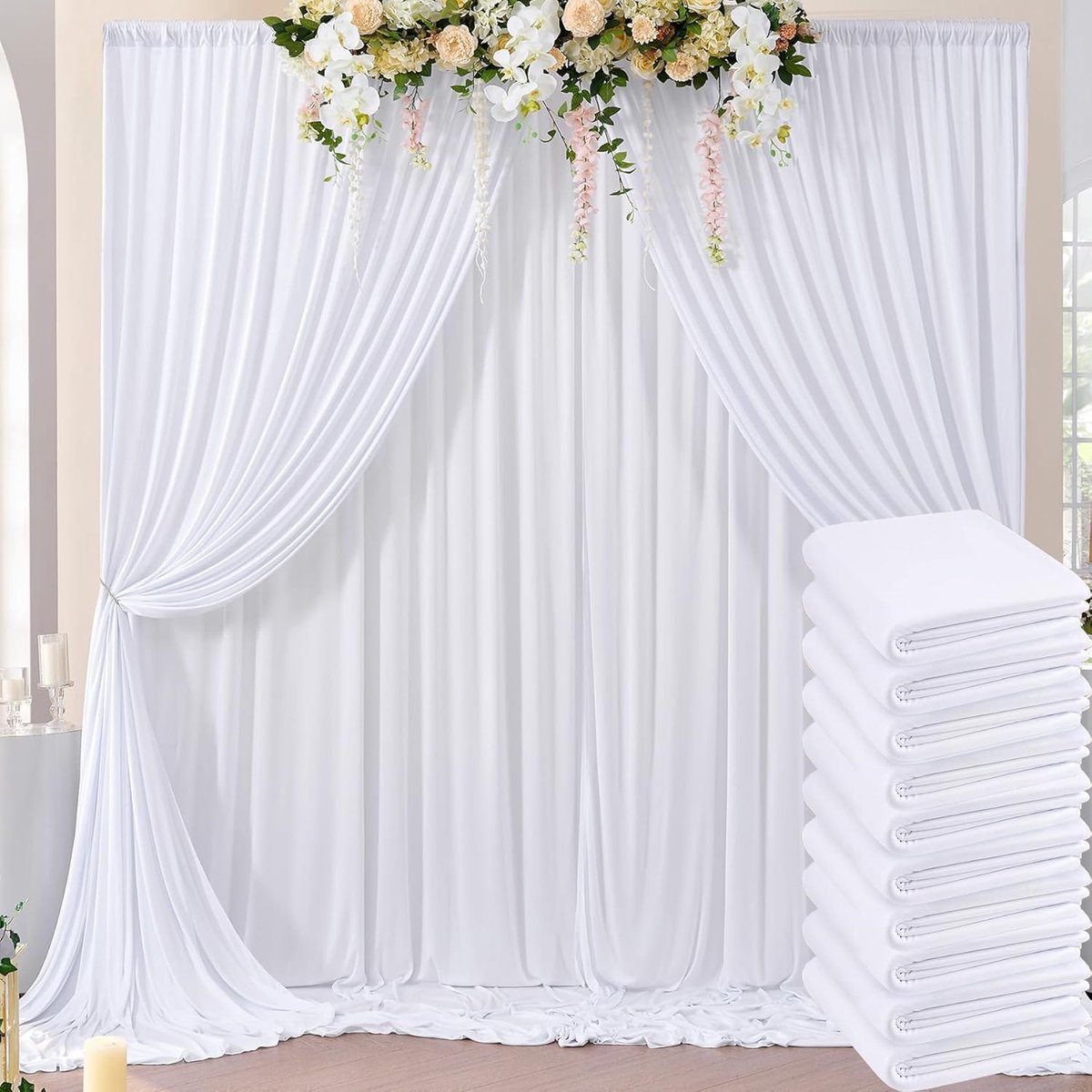 15 x 3 m witte stoffen fotoachtergrond – 10 stuks 1,5 x 3 m plooivrije fotoachtergrond voor bruiloft, feest, evenement en decoratie, wit decoratief gordijn voor fotowand en bruiloftsfeest